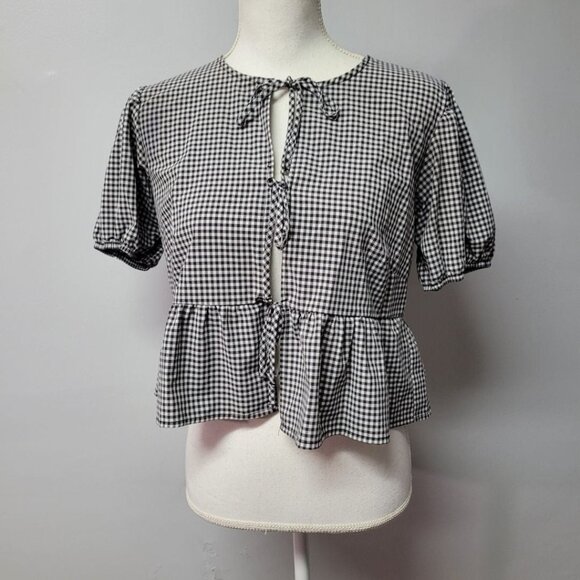 Wild Fable Tie Front Top Blouse Black White Checkered Womens Small Cropped - Picture 1 of 9